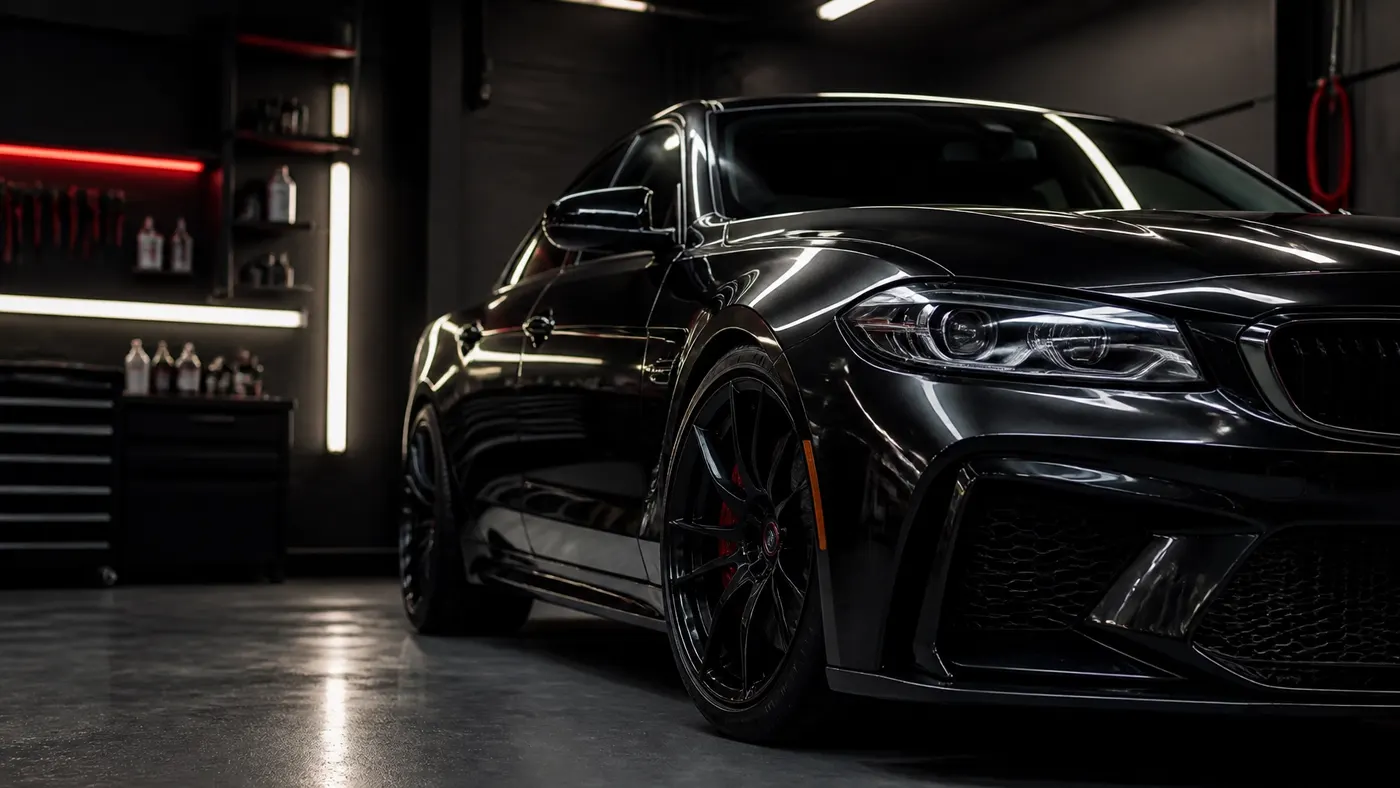 Detailed black car in a professional automotive workshop