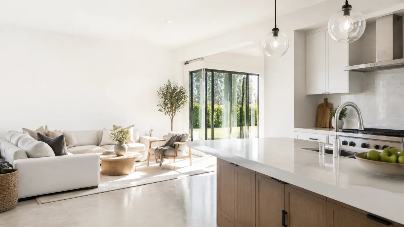 Bright, freshly cleaned home interior with kitchen and living area