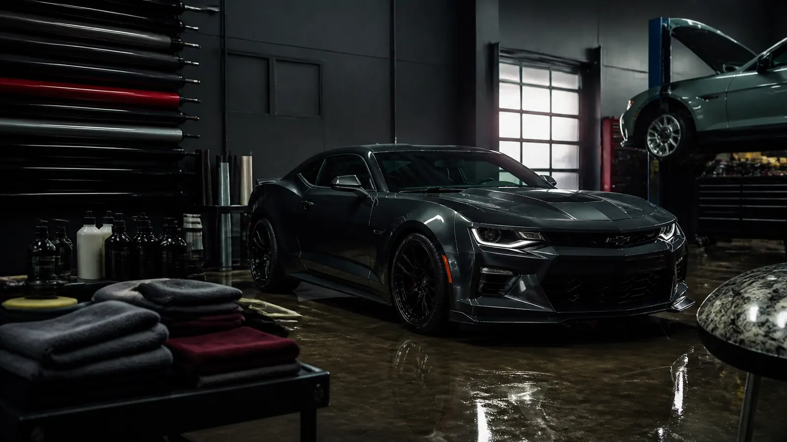 Dark Chevrolet coupe being professionally detailed inside a Livelo Group automotive workshop